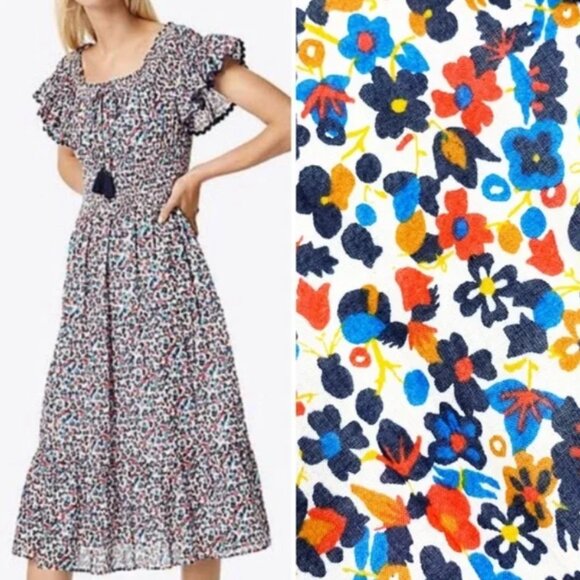 Tory Burch Wildflower Tiered Off Shoulder Smoked Navy Pipping Midi Dress S $498 - Picture 5 of 16